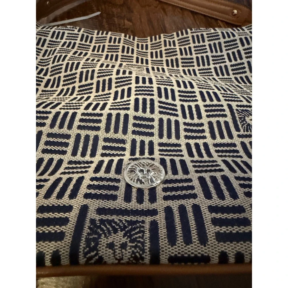 Anne Klein Hobo Bag Blue White Woven Geometric Tassel Shoulder Bag Tan Trim
